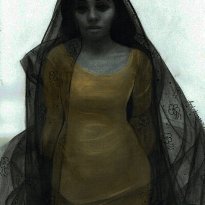 cachée-3-charcoal-and-golden-gesso-on-paper-41-x31-cm2022