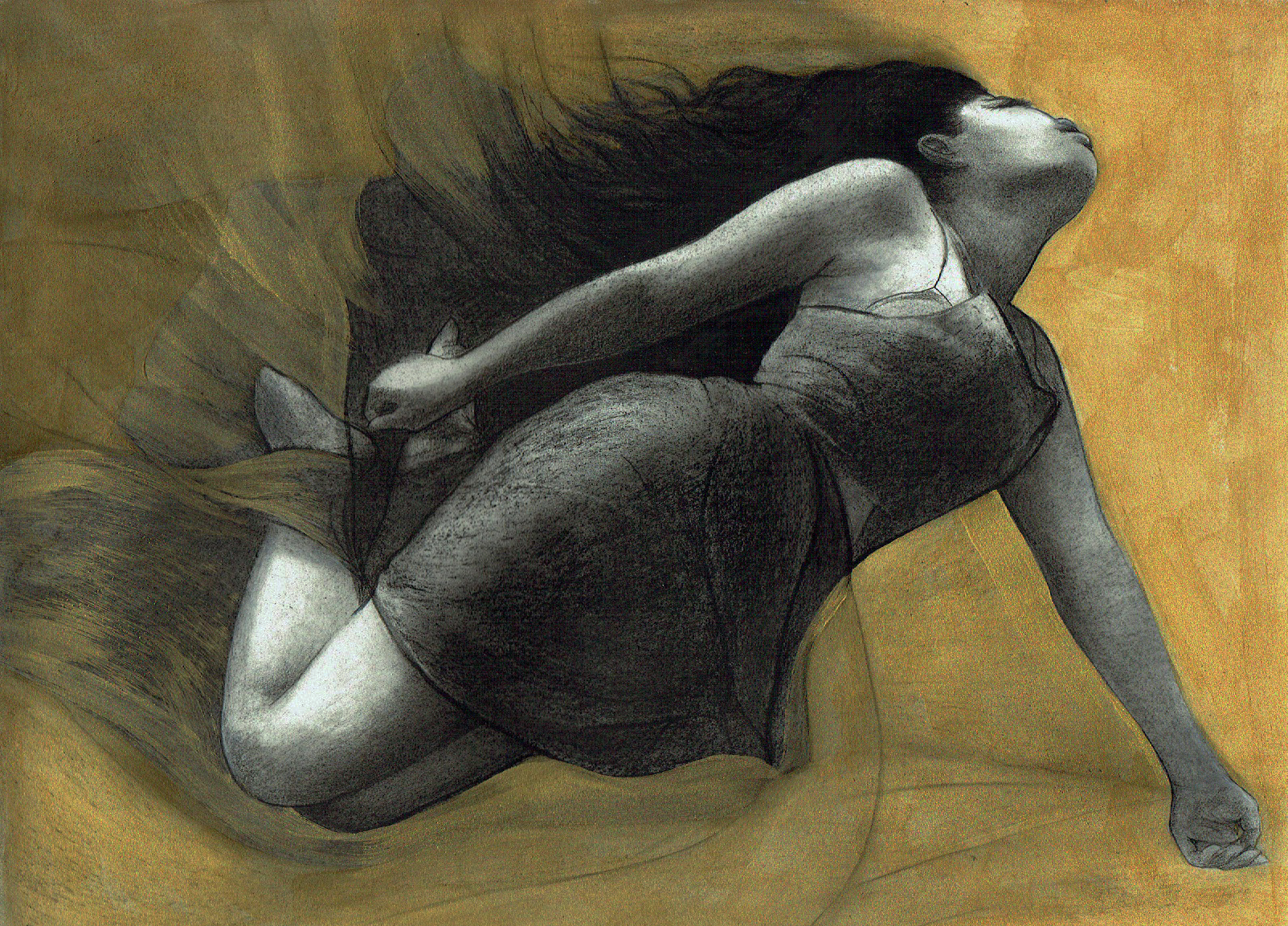 fly-2-charcoal-and-golden-gesso-on-paper-41-x-31-cm-2022-